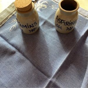 Beaumont Brothers pottery jars..”aspirin” and “vitamins” one missing cork top